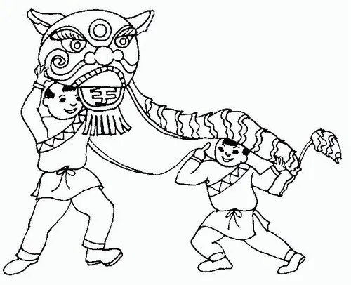 Hình tô màu lân đỏ may mắn cùng hoa văn truyền thống rất sống động