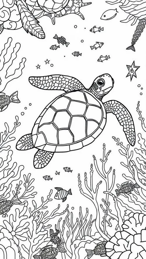 Tranh bé tập tô rùa biển bơi trong nước xanh mát