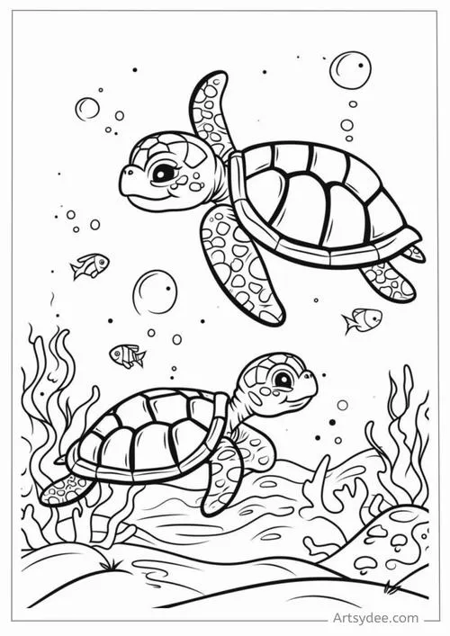 Hình vẽ tranh tô màu rùa bên cây cỏ xanh