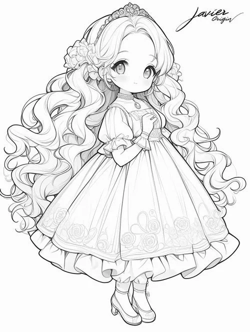 Bộ tranh công chúa anime váy xòe tóc dài siêu dễ thương