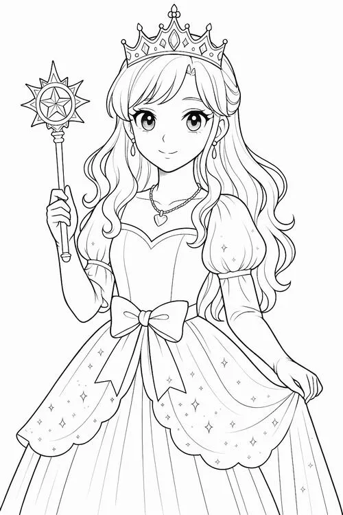 Hình tô màu công chúa anime phong cách Nhật nhẹ nhàng