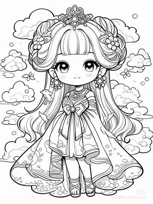 Bức tranh tô công chúa chibi bố cục thoáng dễ thương