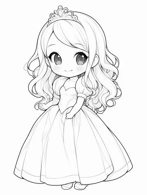 Trang tô màu công chúa hoạt hình nét vẽ tròn cute