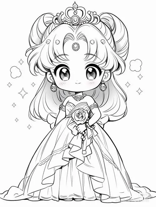 Tranh tô màu công chúa chibi nét bo tròn dễ tô