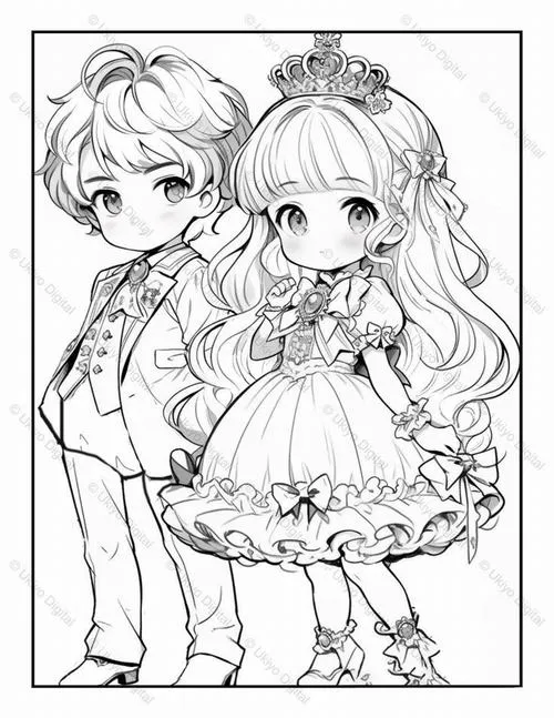 Tô màu vui công chúa và hoàng tử đáng yêu phong cách chibi sáng tạo thư giãn