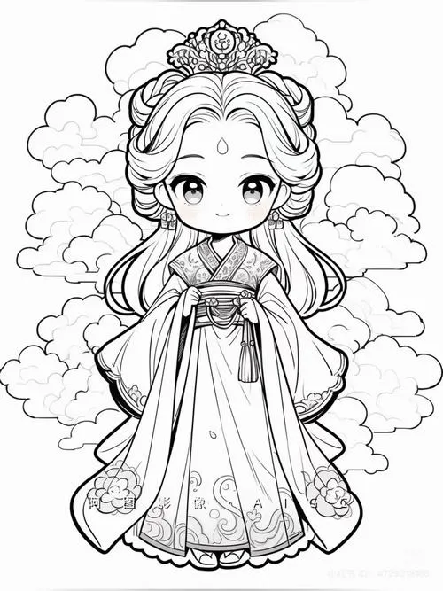 Mẫu tranh tô màu công chúa chibi đội vương miện dễ tô