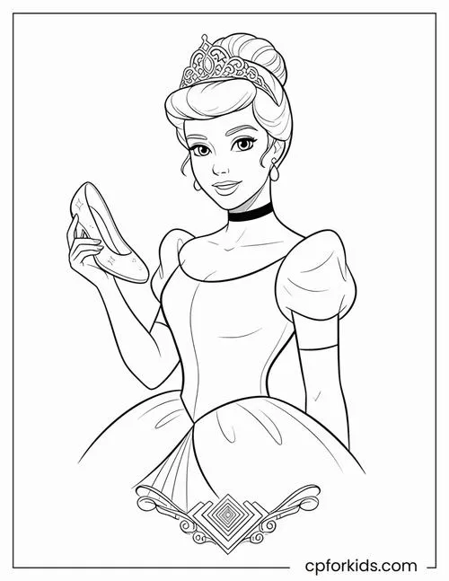 Hình tô màu nàng Lọ Lem hiền lành váy xoè ánh bạc