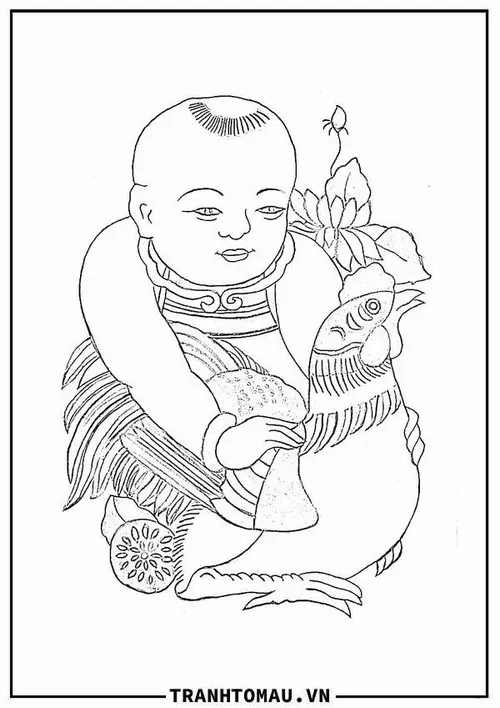 2 Tranh bé tập tô em bé ôm gà mang ý nghĩa vinh hoa