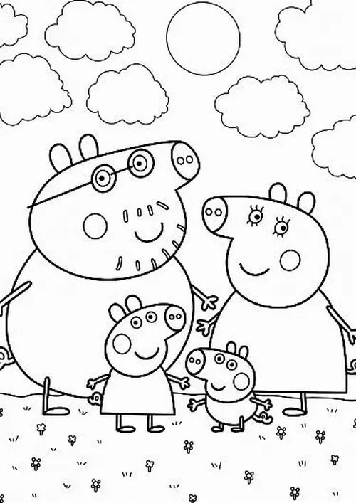 Trang tô màu heo hồng Peppa mặc váy đỏ nổi bật.