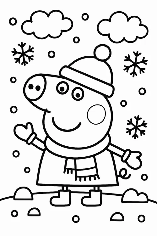 Hình tô màu bé Peppa đang làm bánh cùng Mummy Pig.