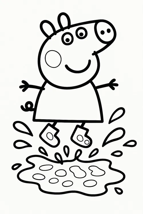 Trang tô màu heo hồng Peppa nhảy tưng bừng trên cỏ.