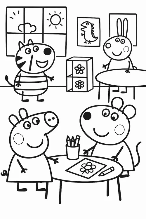 Tờ giấy tô màu heo hồng Peppa tưới hoa trước cửa nhà.