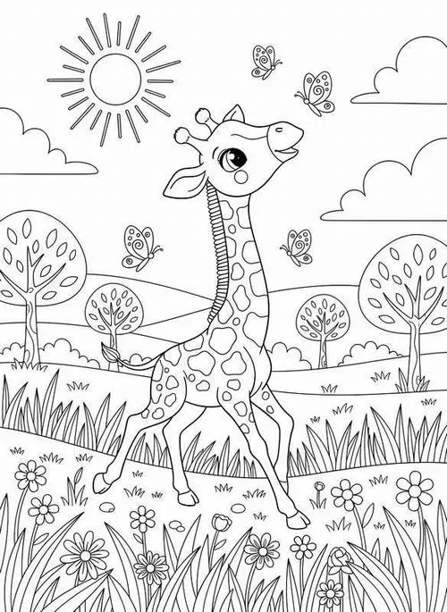 Bộ tranh tô màu hươu cao cổ và bé cùng bút sáp