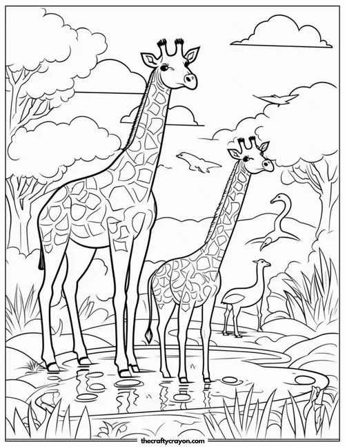 Tranh bé tập tô hươu cao cổ cùng gia đình hươu