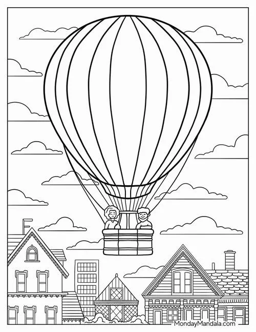 Trang tô màu bóng bay trên trời với cầu vồng đẹp