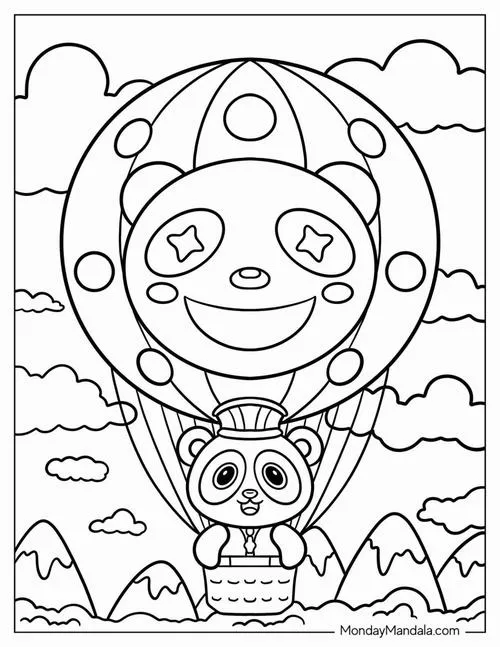 Tranh tô màu khinh khí cầu giữa mây trắng và mặt trời