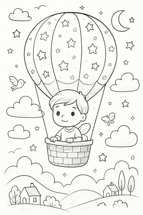 Bé tập tô màu khinh khí cầu và giỏ mây treo lơ lửng