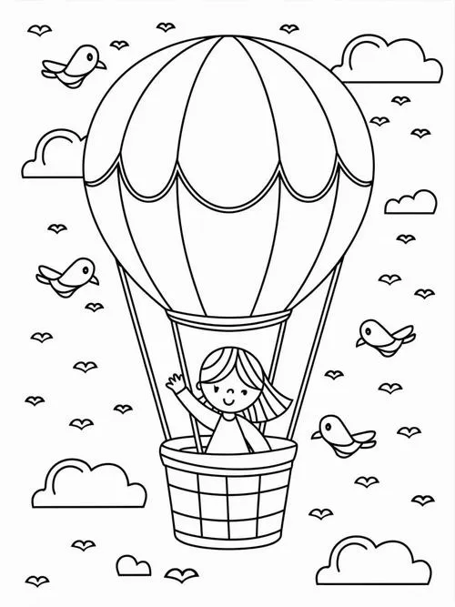 Tải tranh tập tô khinh khí cầu bay giữa mây cho bé 5 tuổi