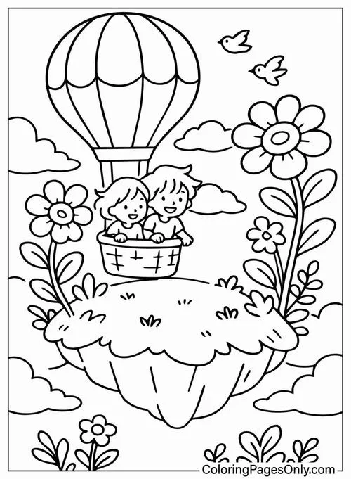 Trang học tô màu khinh khí cầu với giỏ mây bên dưới