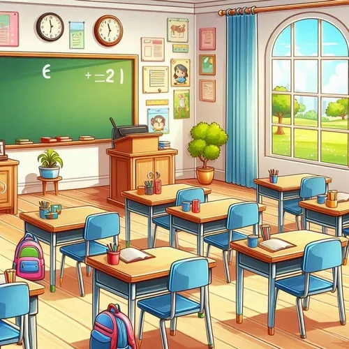 Tranh tô màu bé đến trường cùng bàn gỗ nhỏ và hộp bút lấp lánh