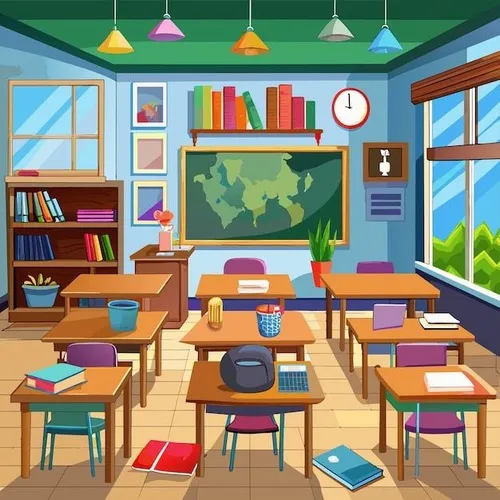 Tranh tô màu bé học bài trong lớp có bảng đen xinh xắn