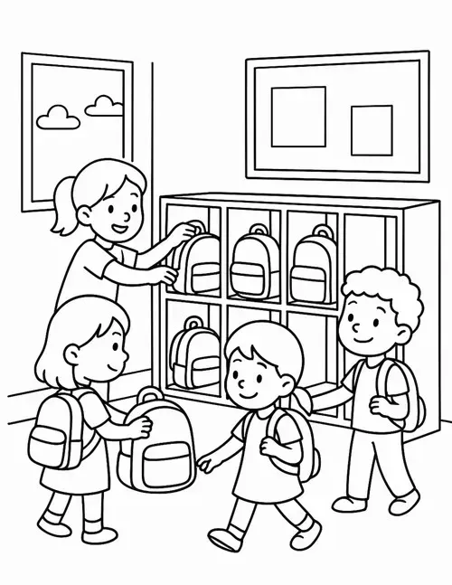 Hình vẽ tranh tô màu lớp học có đồng hồ treo tường quen thuộc