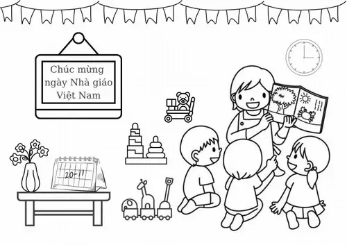 Hình tô màu lớp học sáng với cô giáo tóc buộc và bàn ghế nhỏ