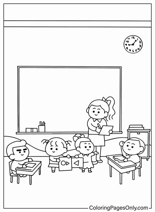 Hình tô màu giờ kể chuyện có cô giáo tóc buộc và lớp học rực rỡ