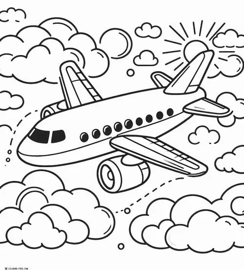 Tranh bé tập tô máy bay và bối cảnh sân bay