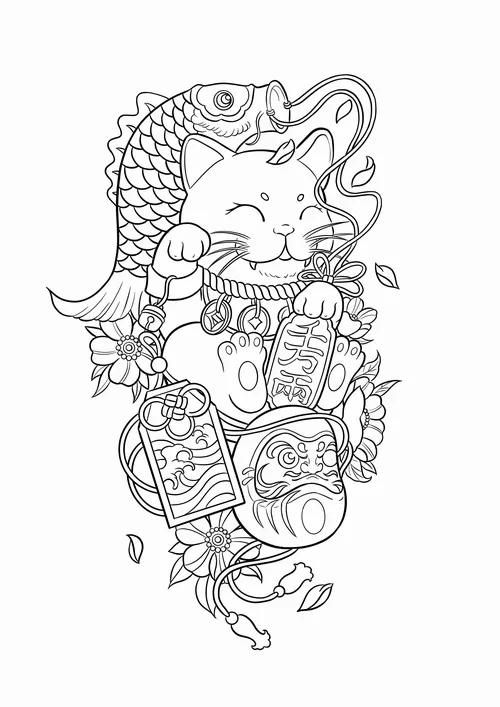 23 Tranh tô màu Mèo Thần Tài ngồi cạnh đèn lồng đỏ rực rỡ