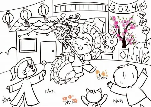 6 Trang tô màu tết quê em với con trâu bên bờ tre