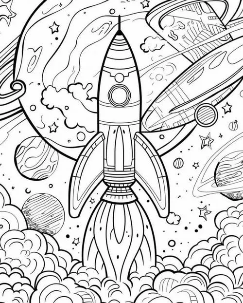 Bức tranh tô tên lửa hoạt hình đáng yêu cho bé 6 tuổi