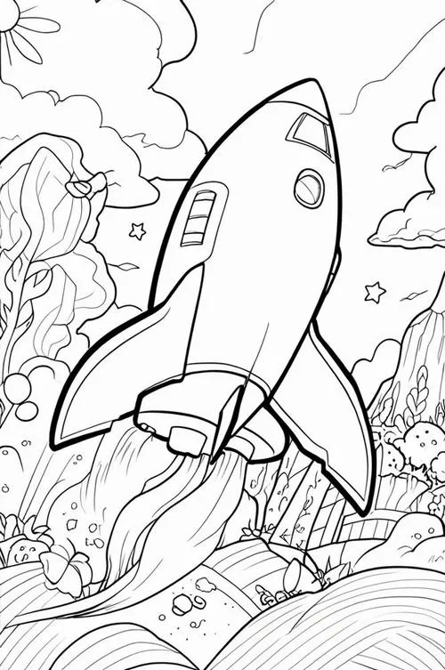 Trang tô màu tàu vũ trụ với ngọn lửa phụt rực rỡ