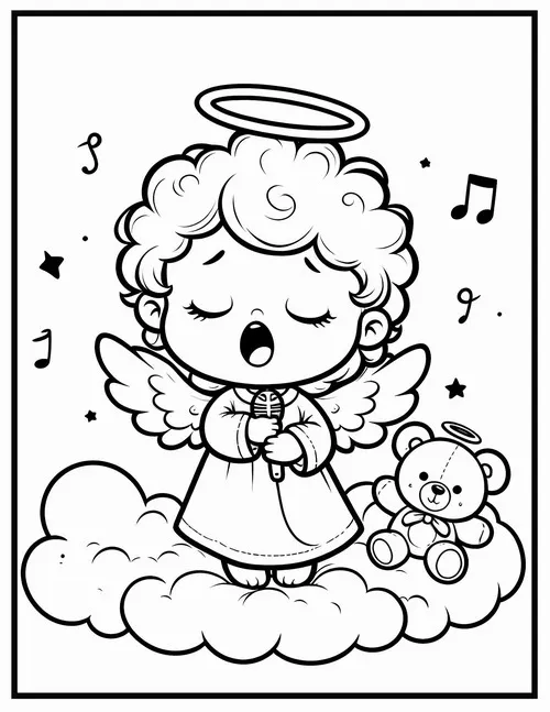 Hình vẽ tranh tô màu thiên thần ca hát giữa bầu trời