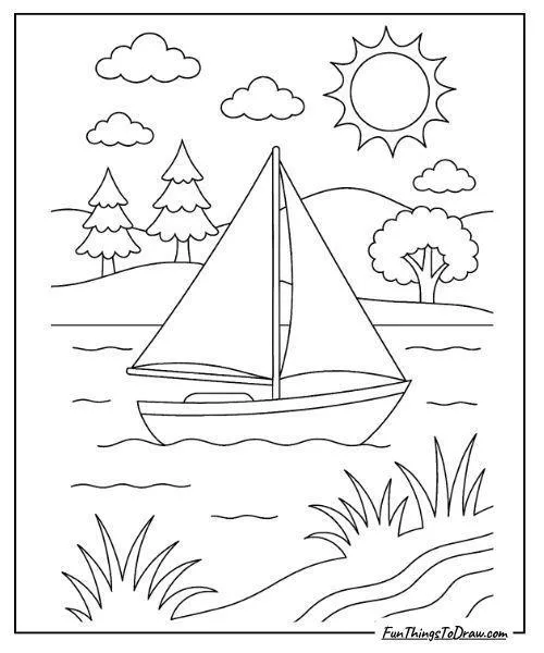 Mẫu tranh tô màu thuyền ra khơi buổi sáng