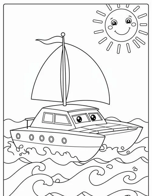 Thuyền buồm trên biển xanh trang tô màu gắn kết cả gia đình