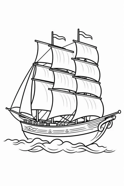 Hình vẽ tranh tô màu thuyền buồm và hải âu