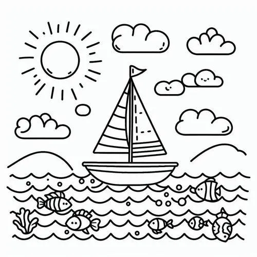 Tranh tô màu thuyền buồm ra khơi trên biển xanh