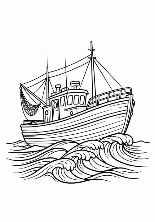 Tranh bé tập tô thuyền biển với sóng nước nhẹ trôi