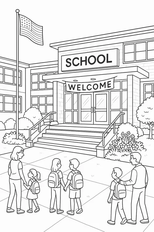 37 Bức tranh tô ngôi trường mái đỏ quen thuộc cho bé 3 tuổi