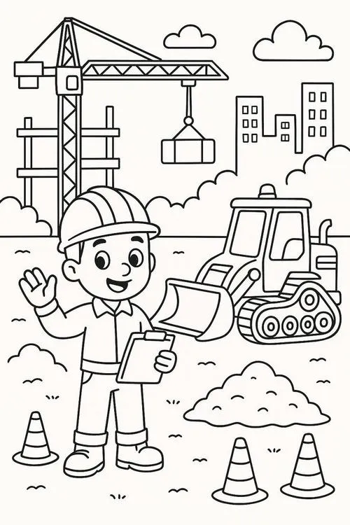 Hình tô màu xe nâng cẩu có kính lớn trên cabin cho bé 3 tuổi