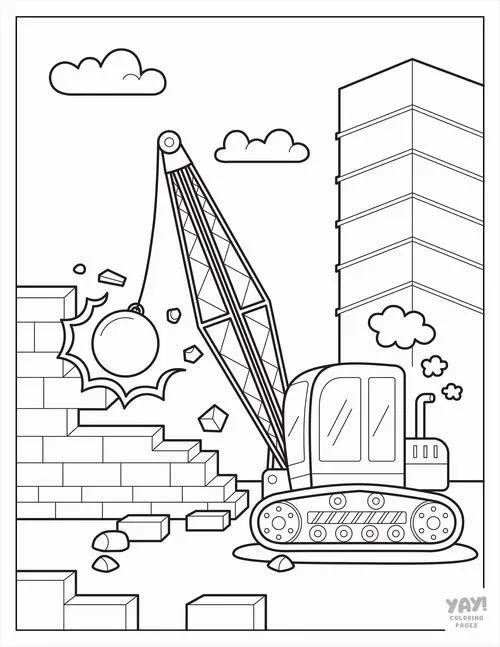 Trang học tô màu xe cẩu làm việc cạnh hàng rào công trình