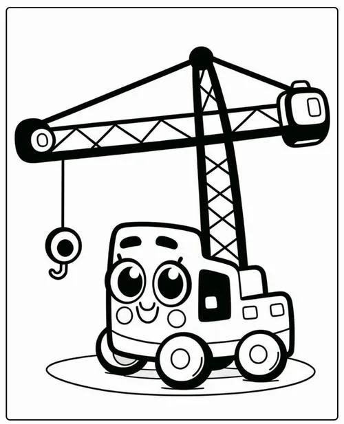Tờ giấy tô màu xe nâng cần cẩu hàng nặng, bánh xe lớn, dễ thương