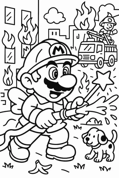 Tranh bé tập tô xe cứu hỏa phun nước mạnh