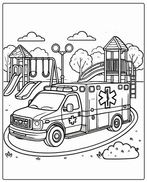 Hình vẽ tranh tô màu xe cứu thương ở bệnh viện