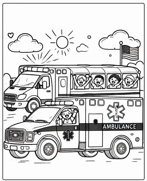 Bé tập tô xe cứu thương màu đỏ trắng nhìn là biết ngay