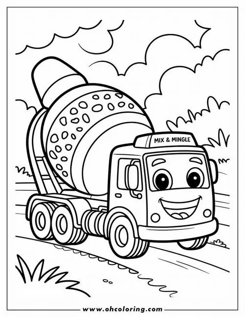 Bức tranh tô xe trộn bê tông đang quay bồn tròn phía sau cho bé 3 tuổi