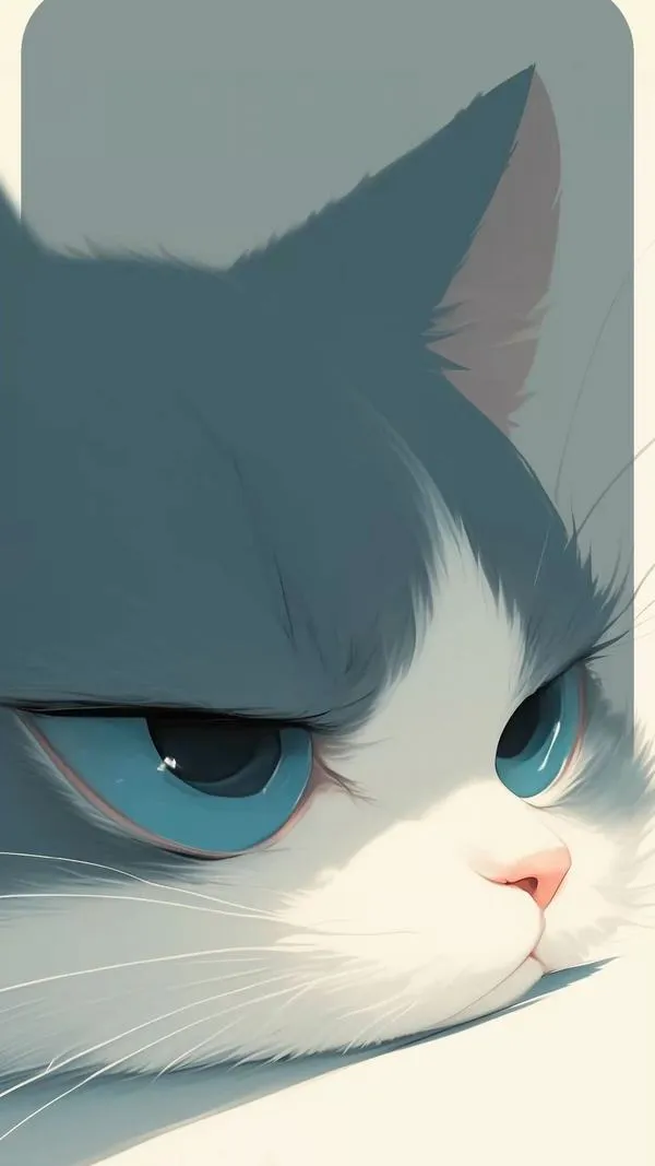 1 Hình nền điện thoại đẹp mèo cau có cận mặt, bảng màu lạnh, icon đặt lên vẫn nổi rõ.