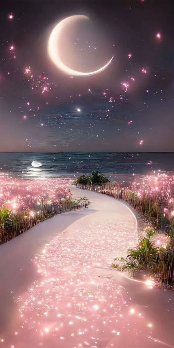 27 Hình nền đẹp đường hoa dưới trăng khuyết, chuyển sắc hồng tím, hợp màn hình khóa lãng mạn.