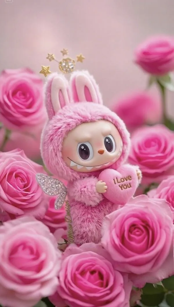 4 Hình nền điện thoại đẹp thú bông hồng phấn giữa hoa hồng, pastel ngọt, chừa chỗ widget gọn.